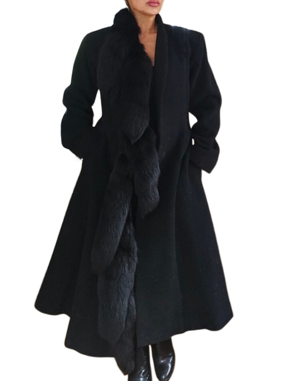 Vintage Pauline Trigère 100% Wool Princess Cut Faux Fur Fox Tail Coat